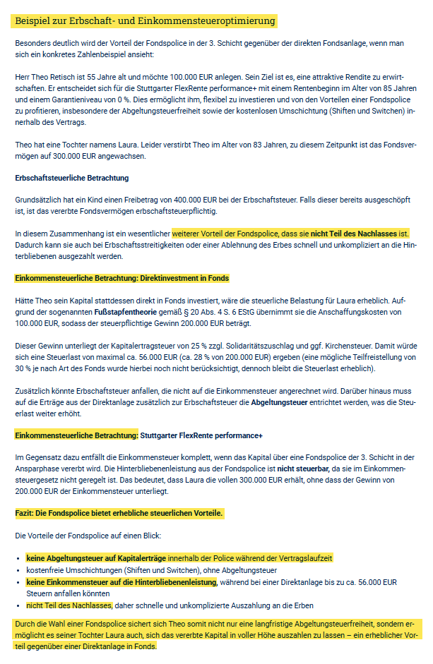 Ein Screenshot einer Webseite, der sich mit Erbschafts- und Einkommenssteueroptimierung befasst. Der Text beschreibt Vorteile von Fondssparplänen, inklusive einer Fallstudie über eine Familie mit einem Erbschaftsbeispiel. Es werden finanzielle Vorteile und steuerliche Überlegungen betont. Der Screenshot enthält auch Überschriften und hervorgehobene Absätze.