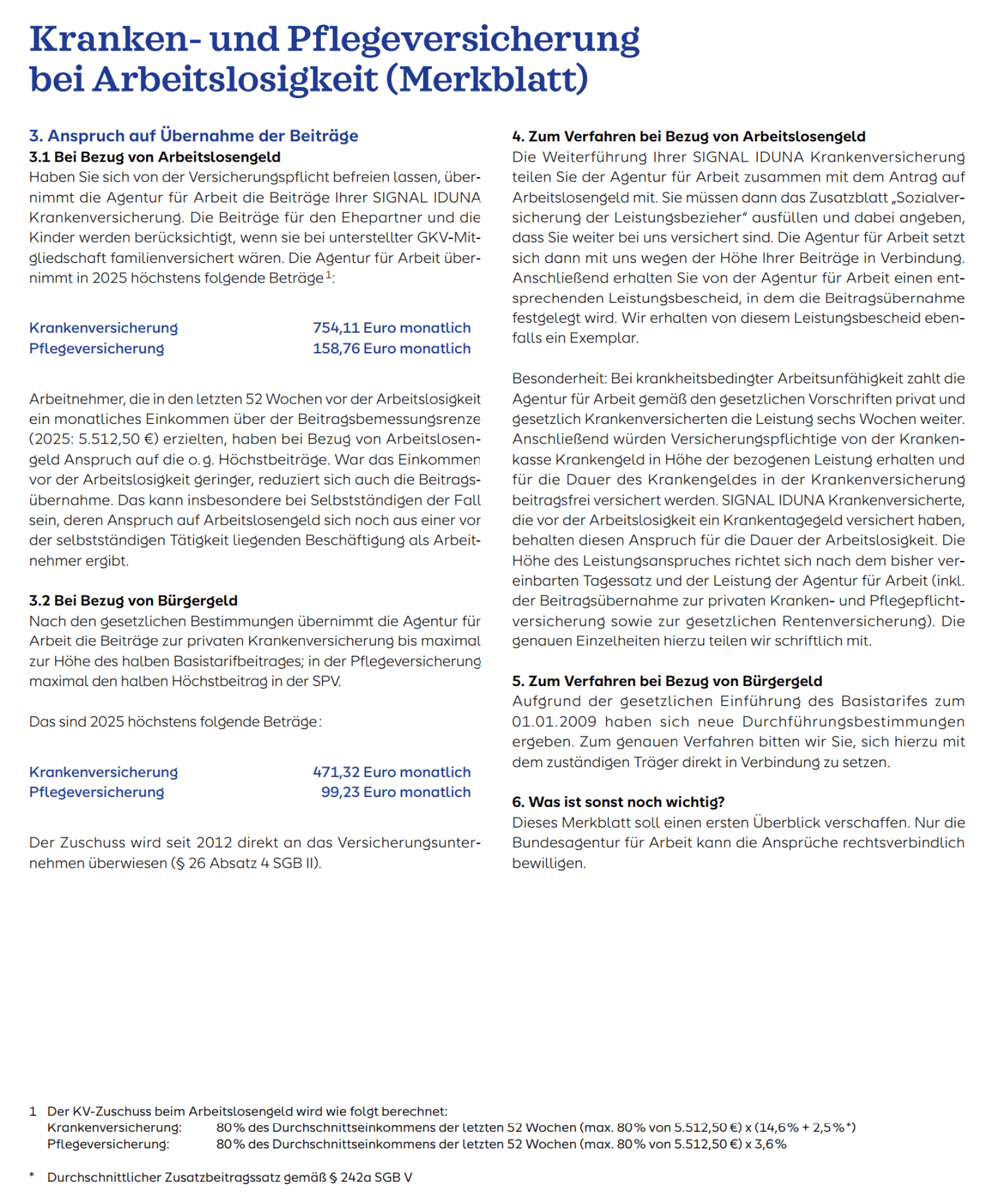 Ein Merkblatt zur Kranken- und Pflegeversicherung bei Arbeitslosigkeit. Der Text umfasst Abschnitte zu Ansprüchen auf Übernahme der Beiträge und zu Voraussetzungen im Bezug von Arbeitslosengeld. Es wird die Berechnung der Beiträge durch die Agentur für Arbeit erläutert, inklusive spezifischer Euro-Beträge für 2024. Das Merkblatt enthält auch juristische Verweise auf das SGB III und Information zu Leistungen der SIGNAL IDUNA Krankenversicherung. Am Ende sind zusätzliche Ausnahmen bezüglich Arbeitslosengeld II und Übergangsbereiche erwähnt.