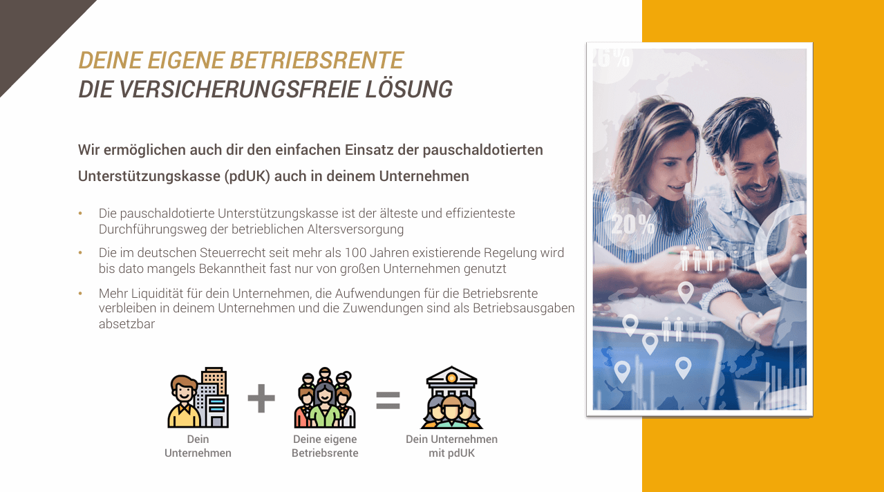 Grafik mit dem Titel 'Deine eigene Betriebsrente - Die versicherungsfreie Lösung', die die Vorteile der pauschalisierten Unterstützungsklasse (puDK) für Unternehmen und ihre Mitarbeiter visualisiert. Es sind zwei Personen abgebildet, die an einem Tisch sitzen und auf ein digitales Gerät schauen, umgeben von grafischen Elementen und Informationen.