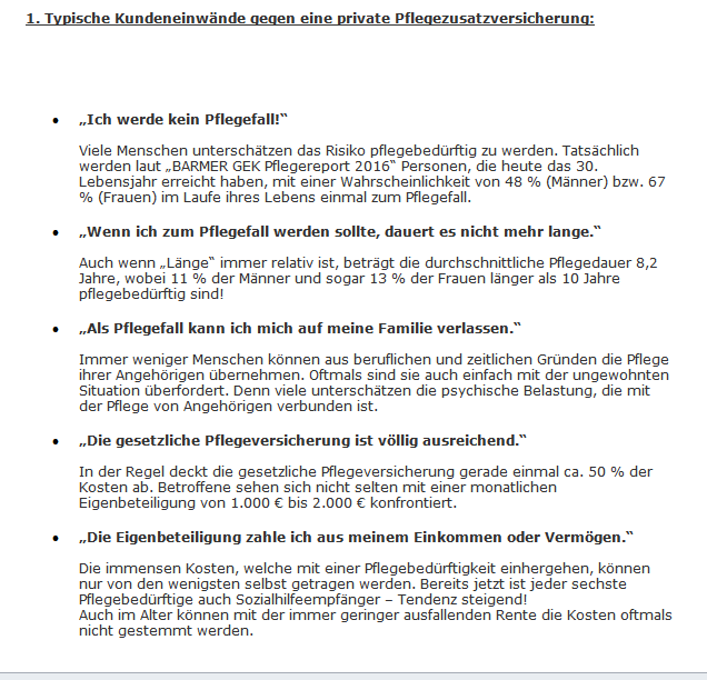 Welche Kundenargumente gegen eine private Pflegezusatzversicherung kommen und wie die Antworten sind